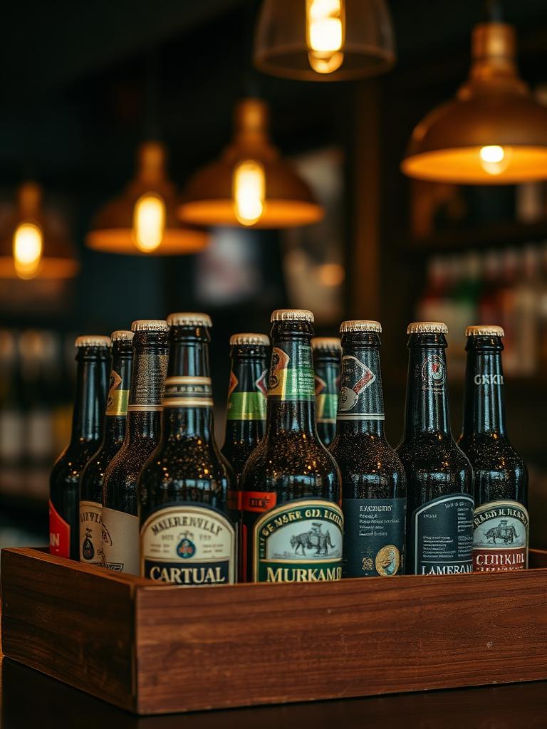 Assorted beer bottles in a wooden crate under warm lights