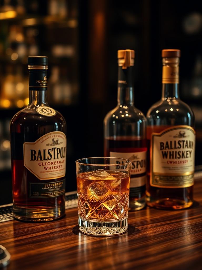 Whiskey bottles and a poured glass on a dark bar counter