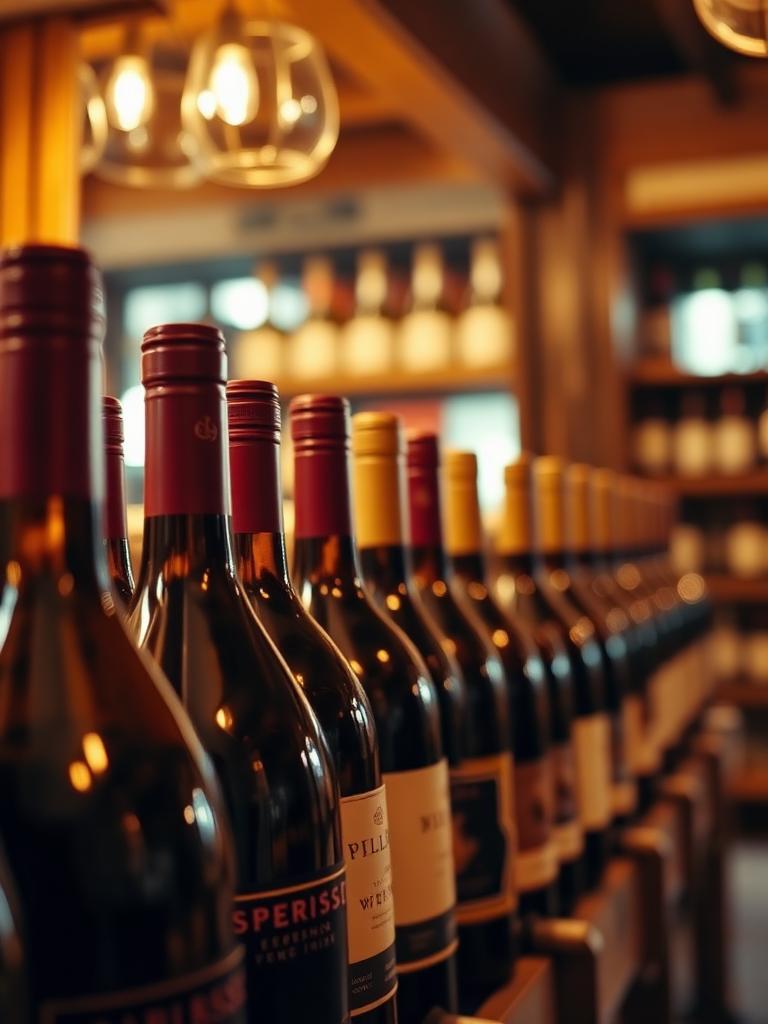 Wine bottles lined up on a warmly lit wooden shelf